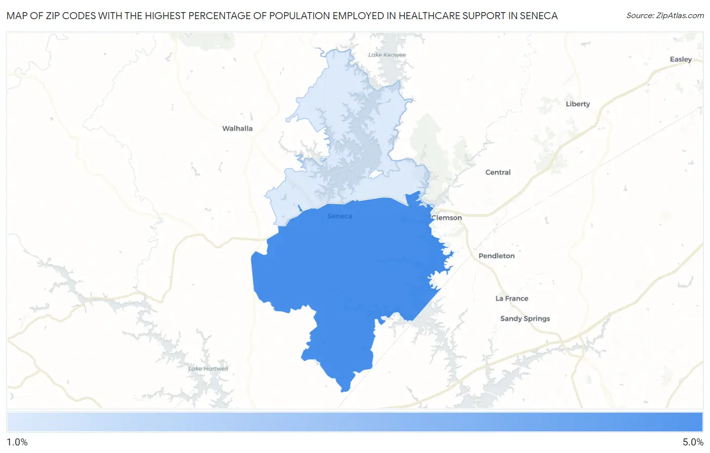 Zip Codes with the Highest Percentage of Population Employed in Healthcare Support in Seneca Map
