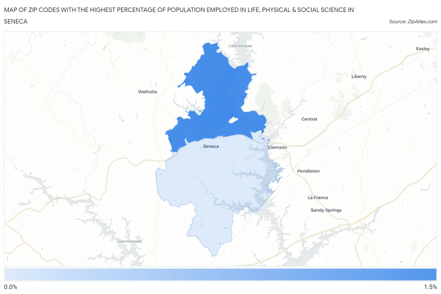 Zip Codes with the Highest Percentage of Population Employed in Life, Physical & Social Science in Seneca Map
