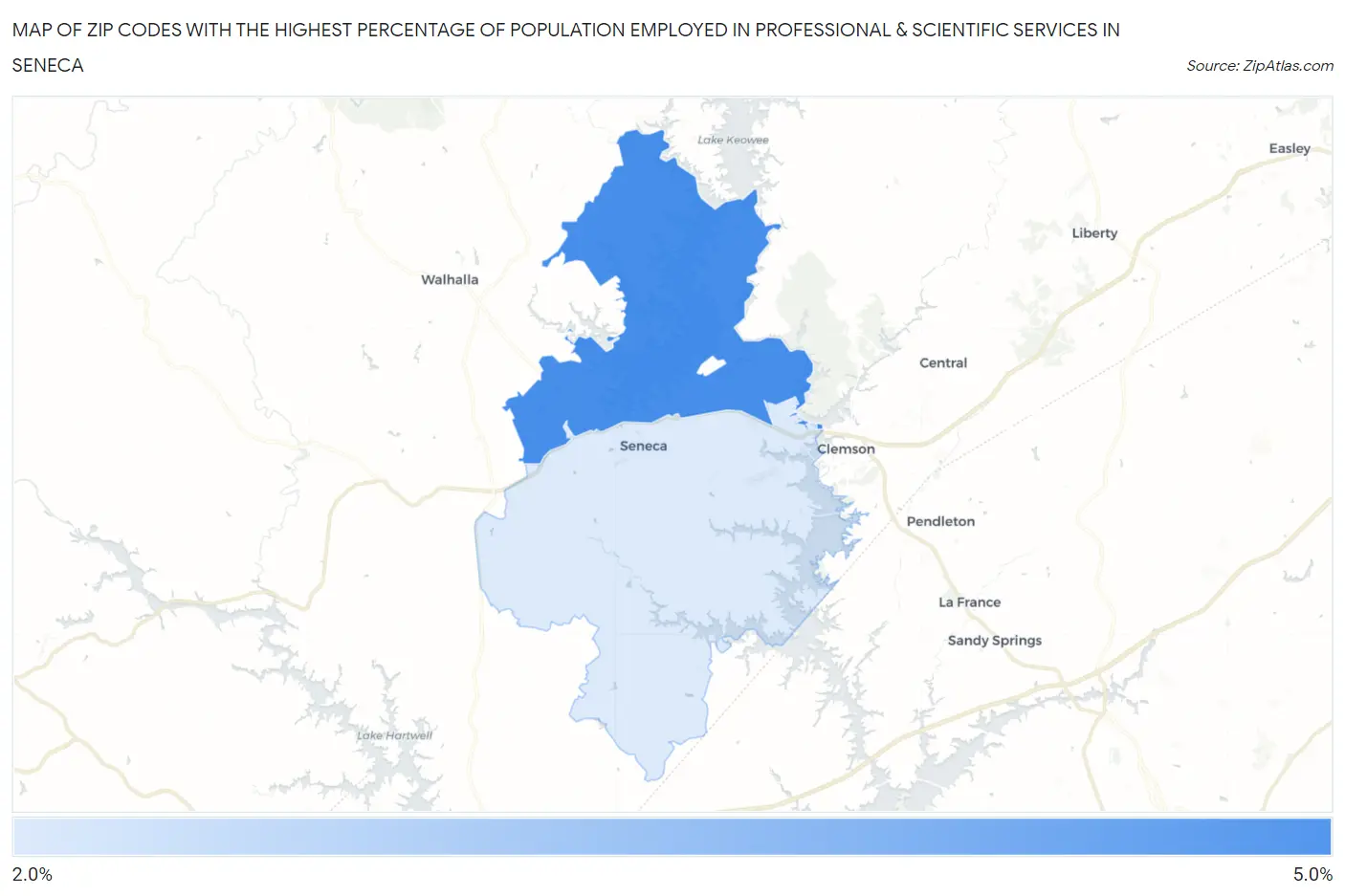 Zip Codes with the Highest Percentage of Population Employed in Professional & Scientific Services in Seneca Map