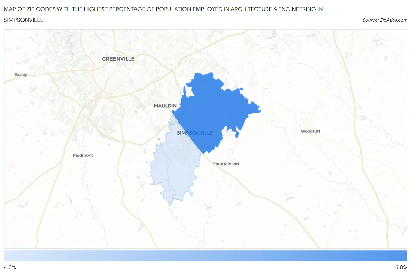 Zip Codes with the Highest Percentage of Population Employed in Architecture & Engineering in Simpsonville Map