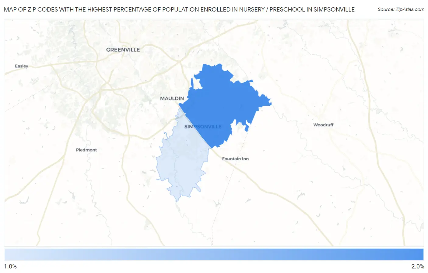 Zip Codes with the Highest Percentage of Population Enrolled in Nursery / Preschool in Simpsonville Map