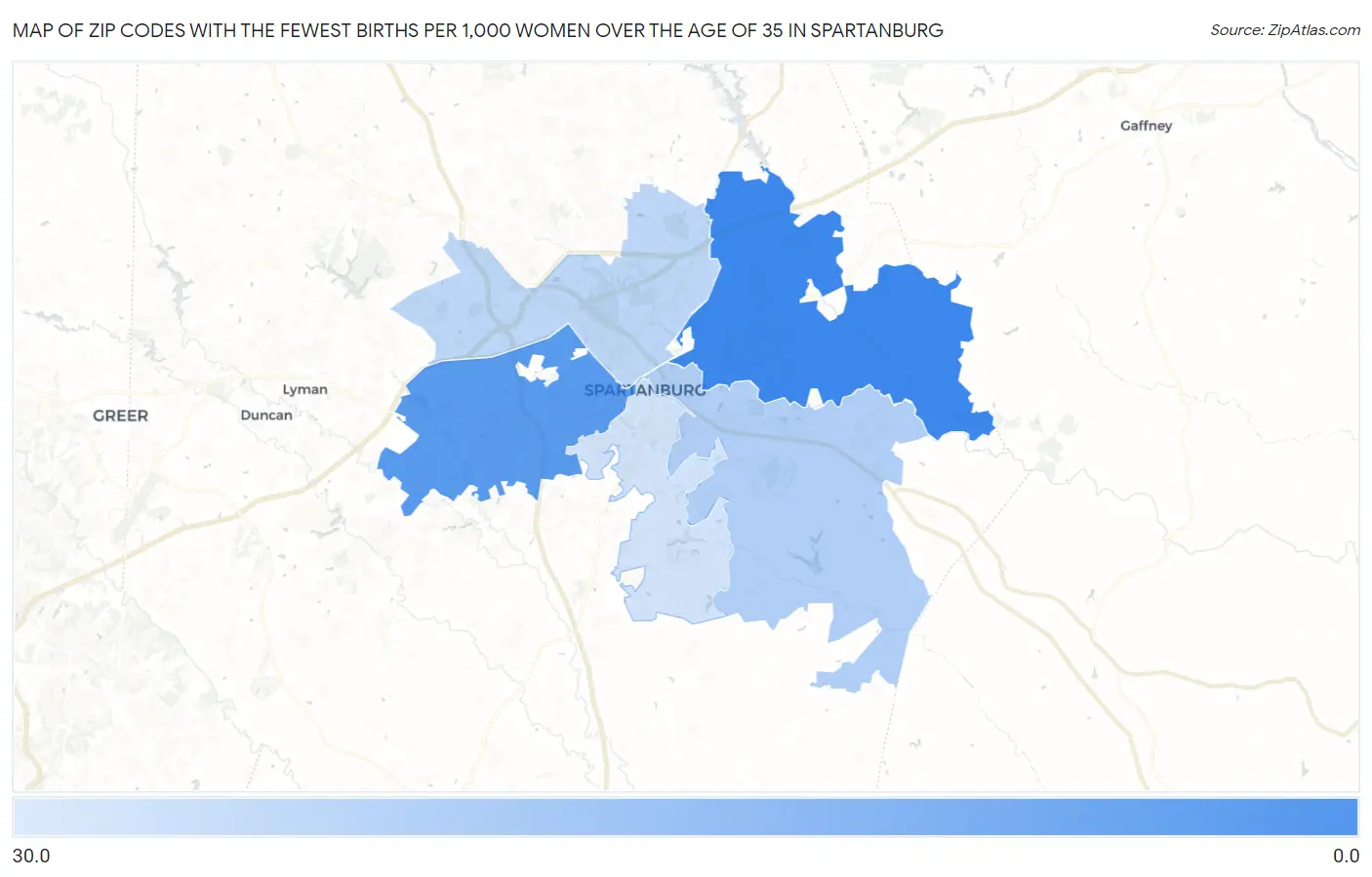 Zip Codes with the Fewest Births per 1,000 Women Over the Age of 35 in Spartanburg Map