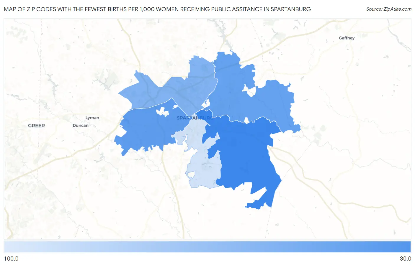 Zip Codes with the Fewest Births per 1,000 Women Receiving Public Assitance in Spartanburg Map
