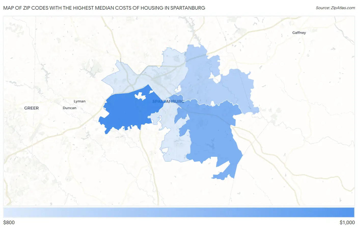 Zip Codes with the Highest Median Costs of Housing in Spartanburg Map