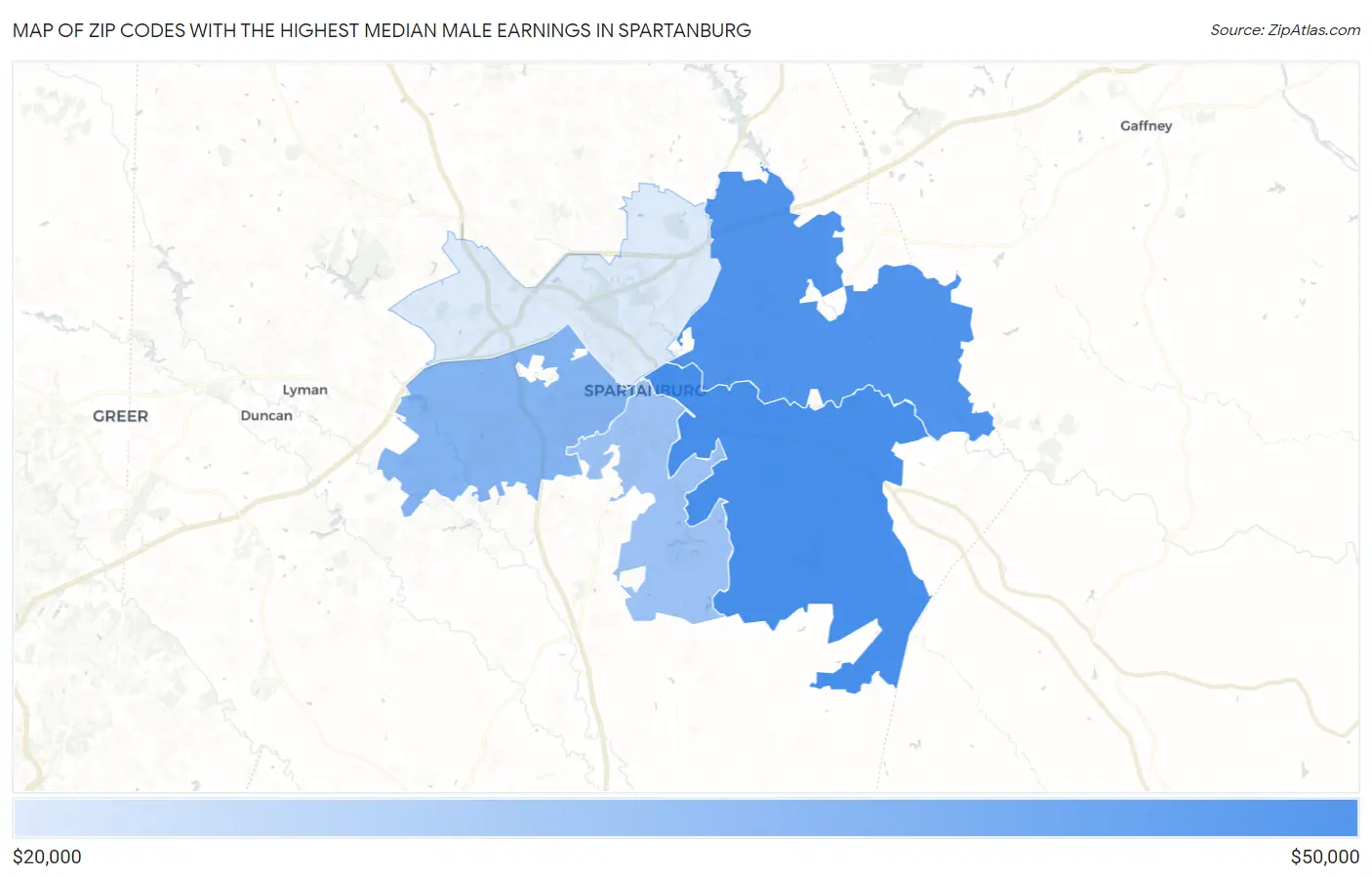 Zip Codes with the Highest Median Male Earnings in Spartanburg Map