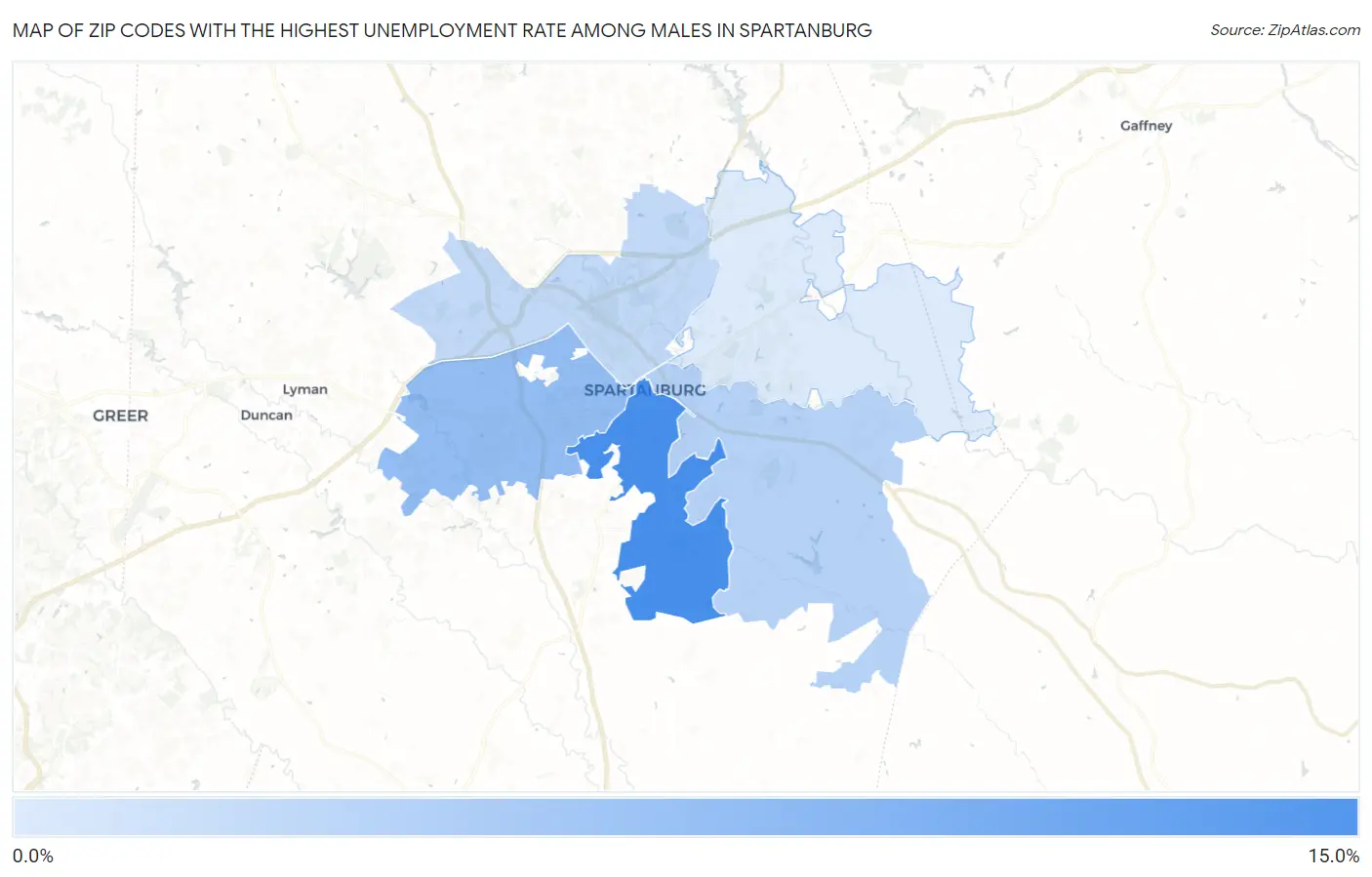 Zip Codes with the Highest Unemployment Rate Among Males in Spartanburg Map