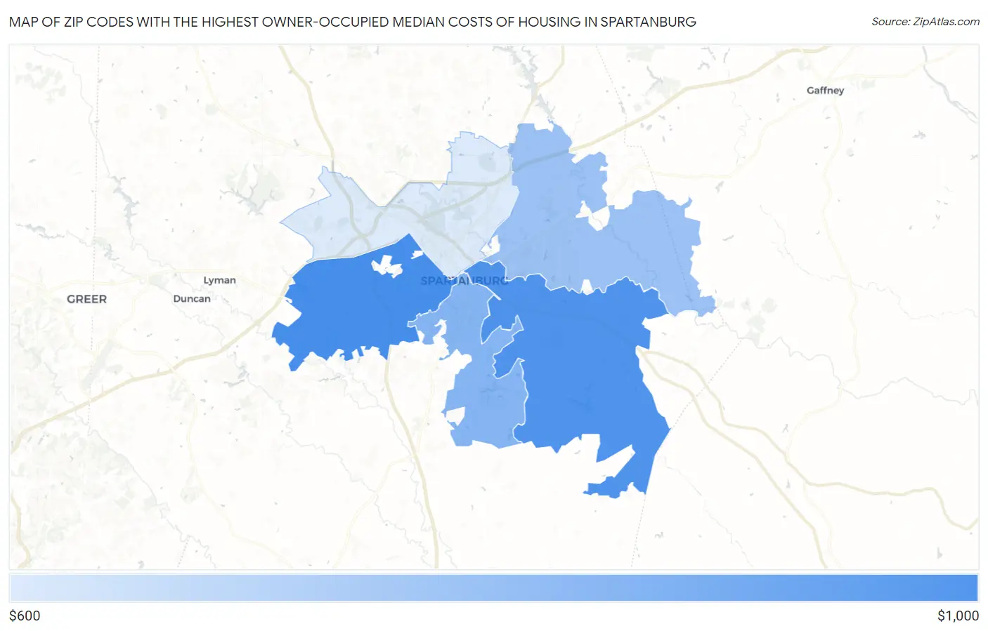 Zip Codes with the Highest Owner-Occupied Median Costs of Housing in Spartanburg Map