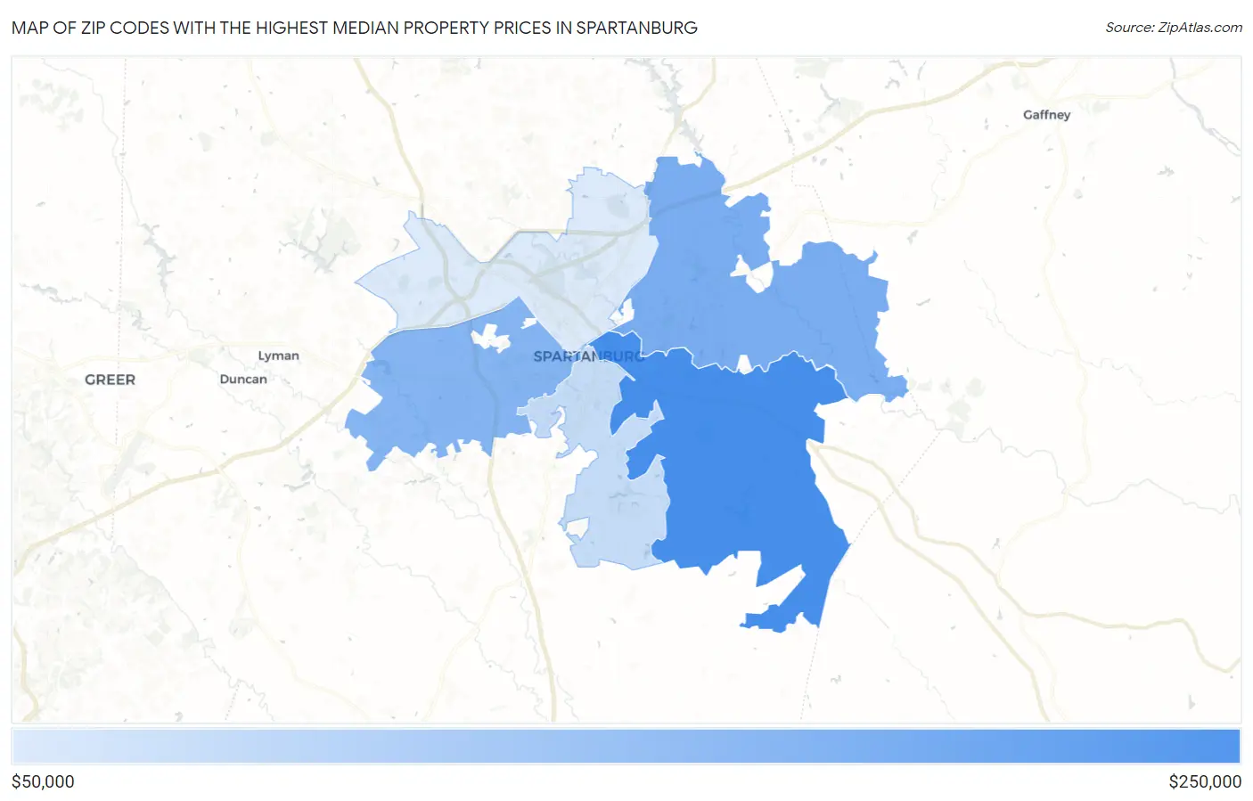 Zip Codes with the Highest Median Property Prices in Spartanburg Map