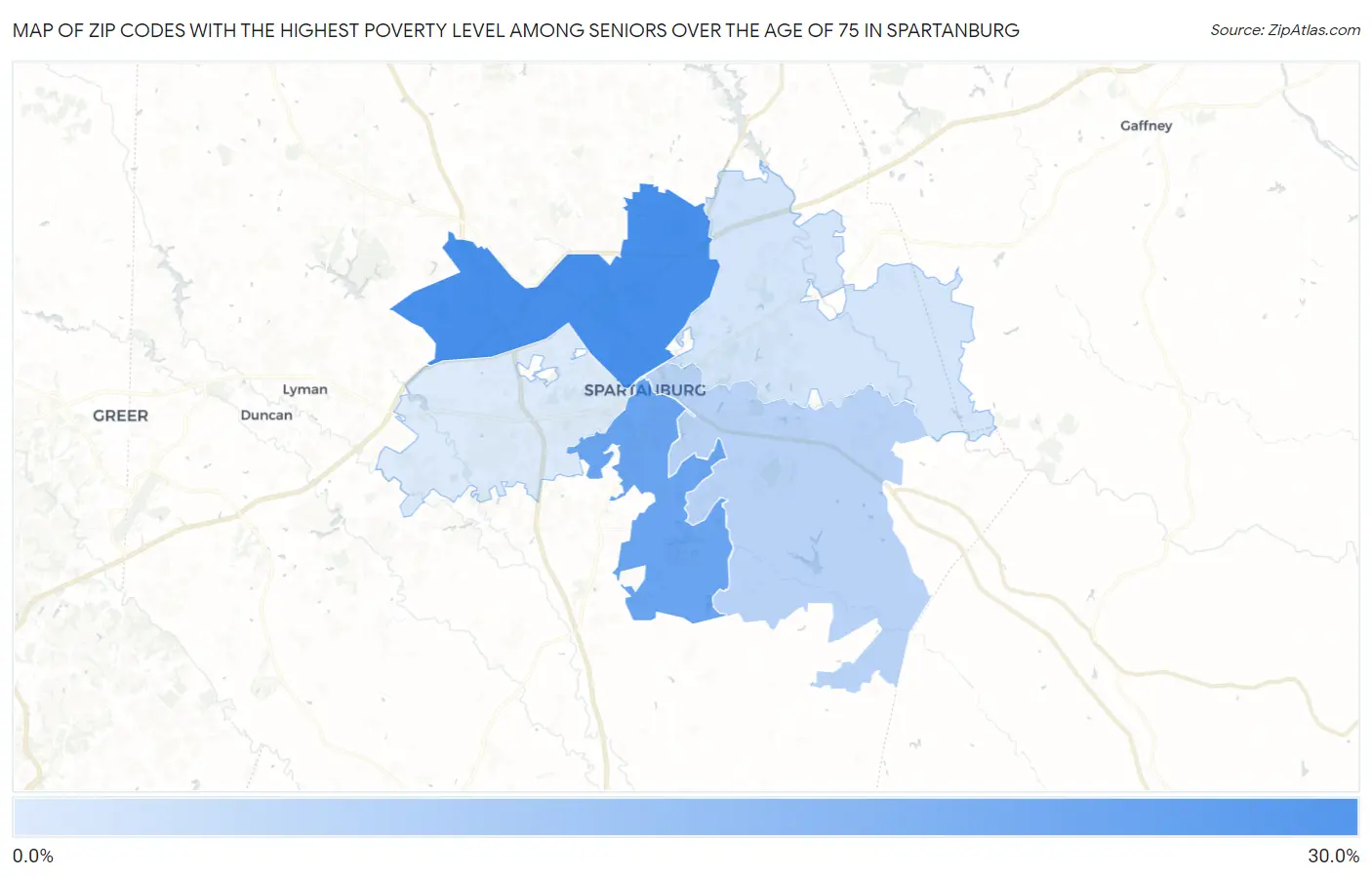 Zip Codes with the Highest Poverty Level Among Seniors Over the Age of 75 in Spartanburg Map