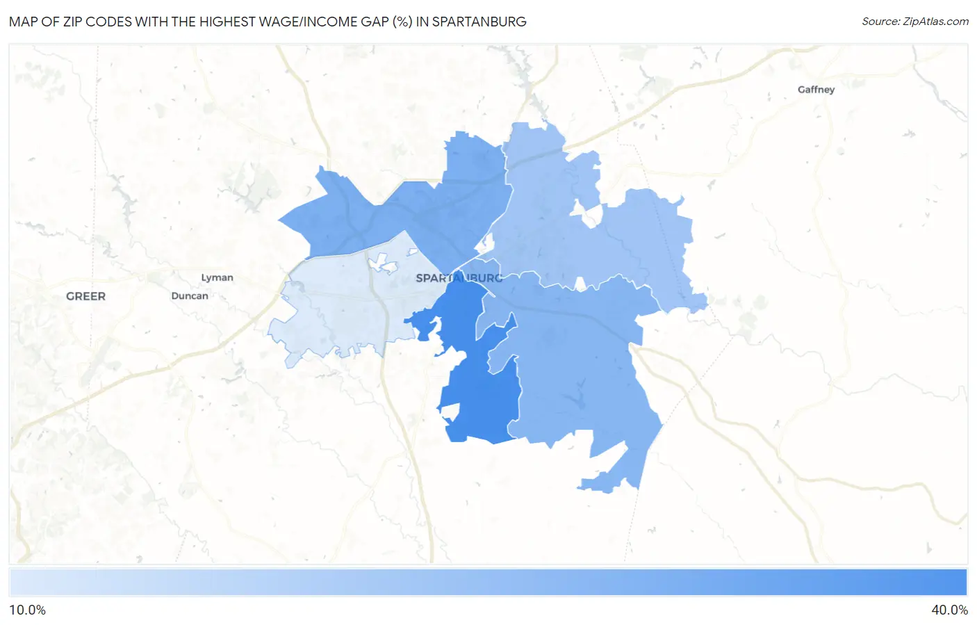 Zip Codes with the Highest Wage/Income Gap (%) in Spartanburg Map