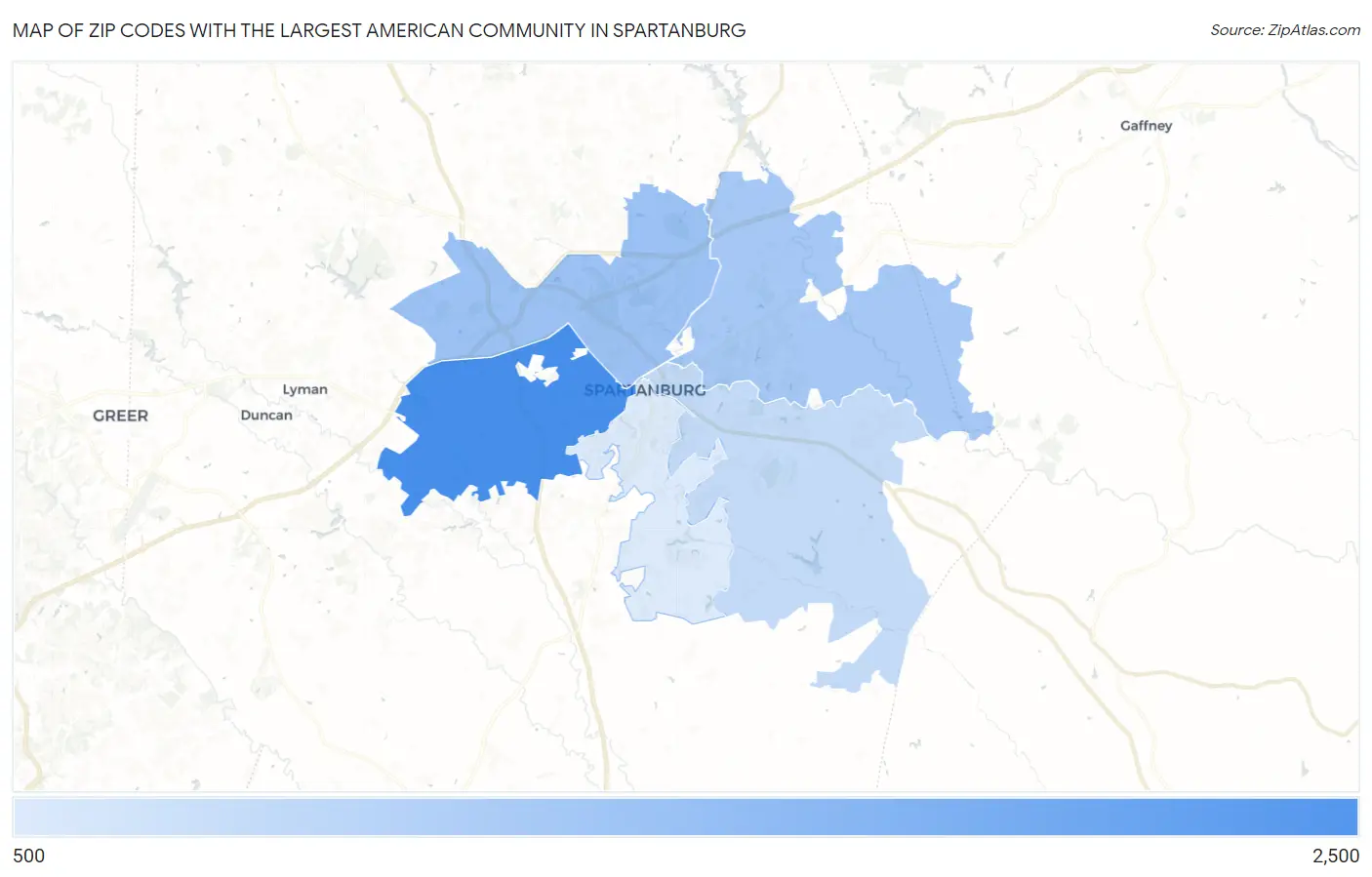Zip Codes with the Largest American Community in Spartanburg Map