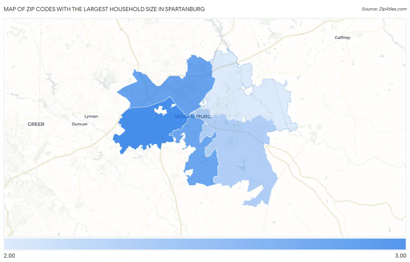 Zip Codes with the Largest Household Size in Spartanburg Map