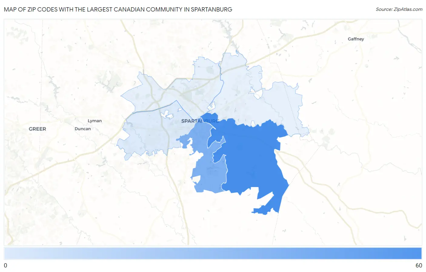 Zip Codes with the Largest Canadian Community in Spartanburg Map