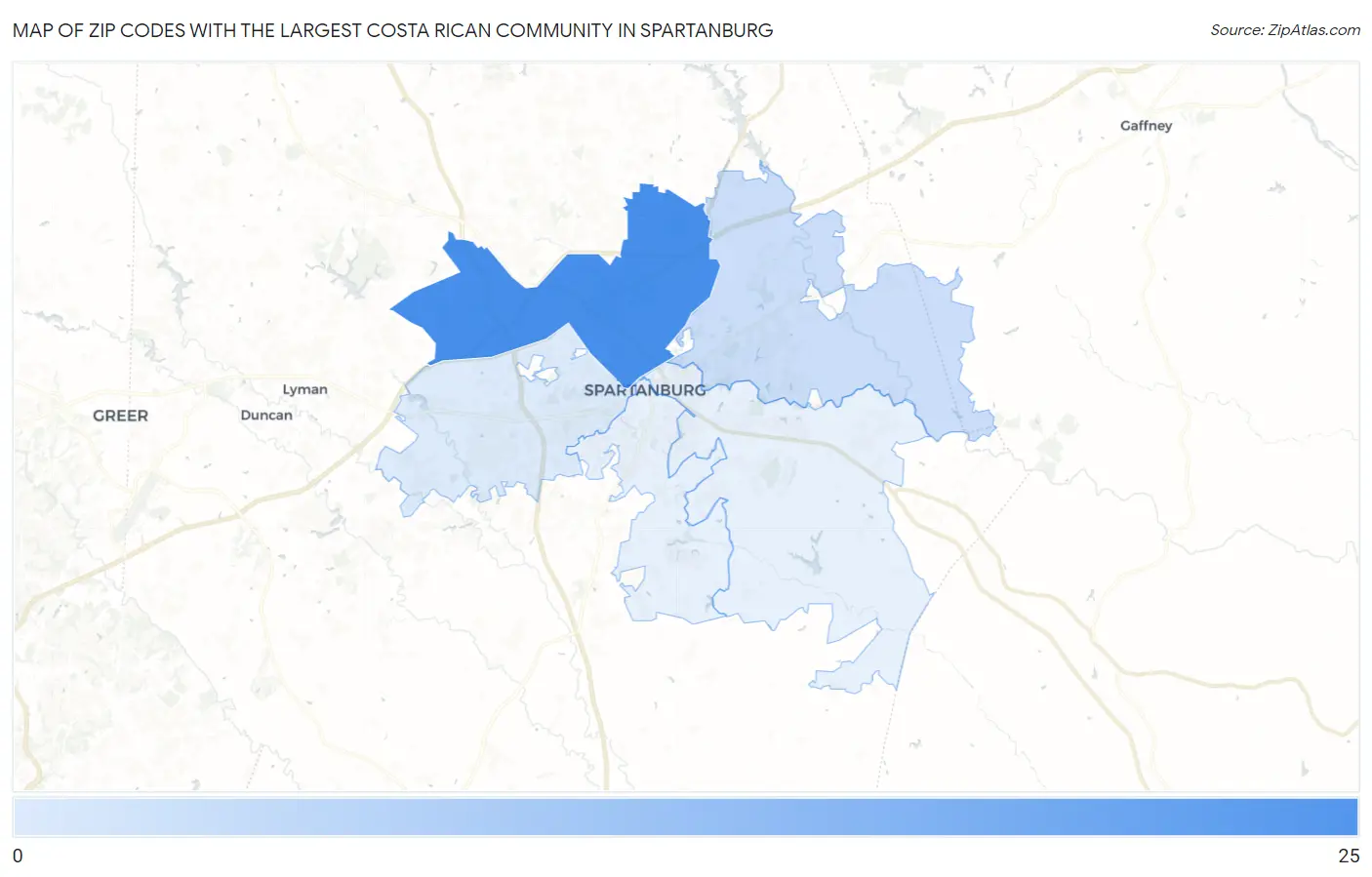 Zip Codes with the Largest Costa Rican Community in Spartanburg Map