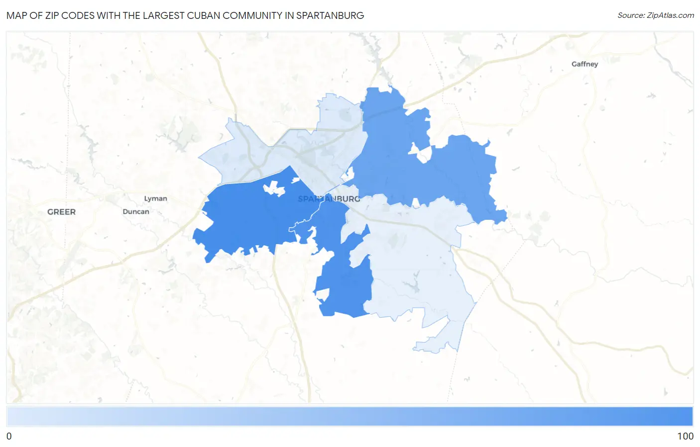 Zip Codes with the Largest Cuban Community in Spartanburg Map