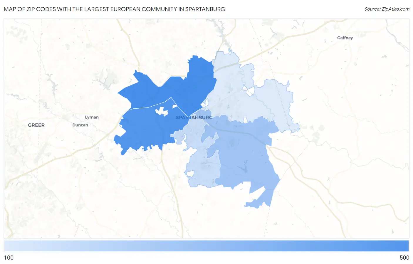 Zip Codes with the Largest European Community in Spartanburg Map