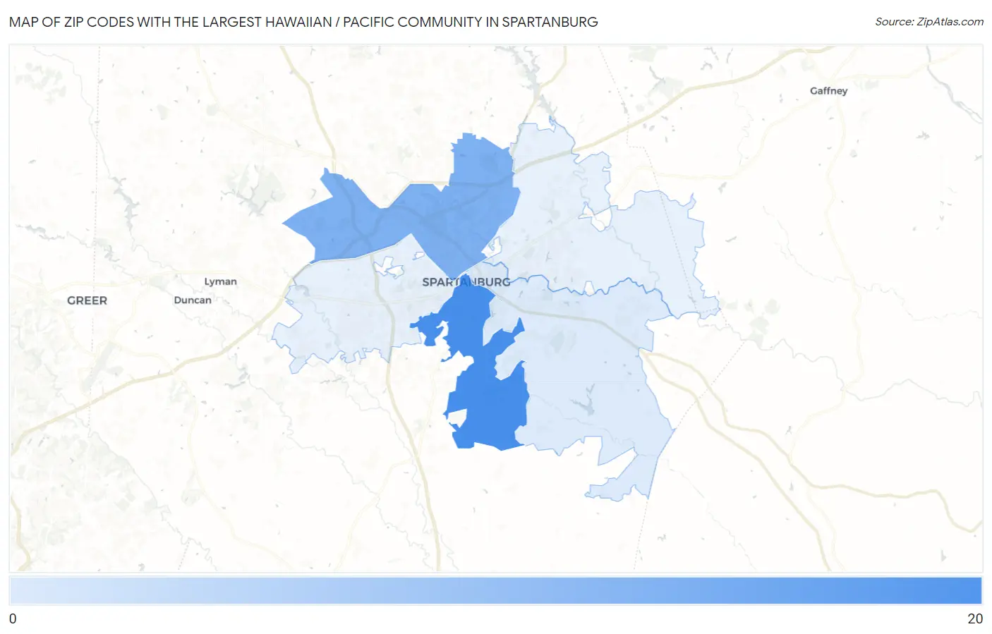 Zip Codes with the Largest Hawaiian / Pacific Community in Spartanburg Map