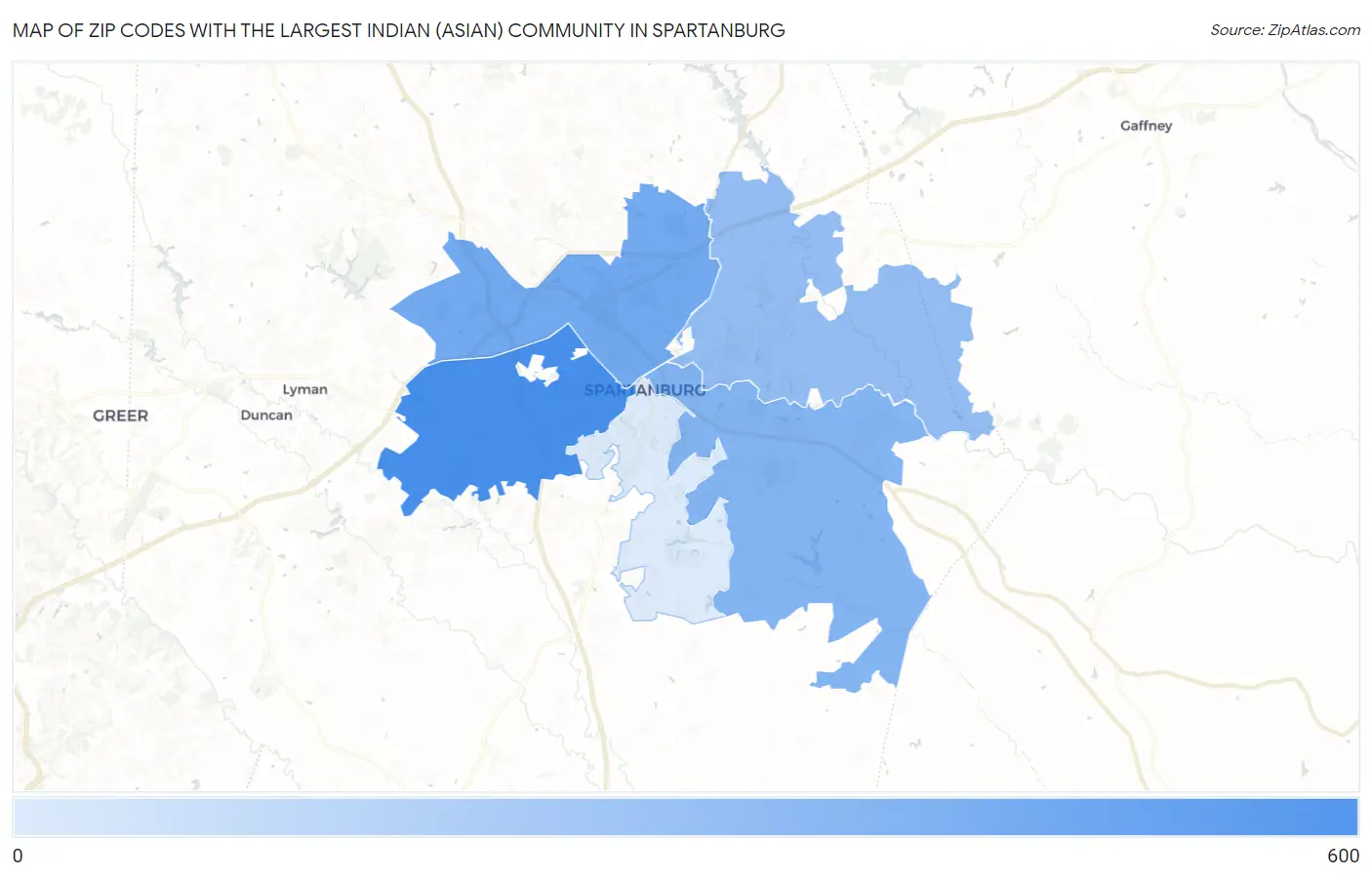 Zip Codes with the Largest Indian (Asian) Community in Spartanburg Map