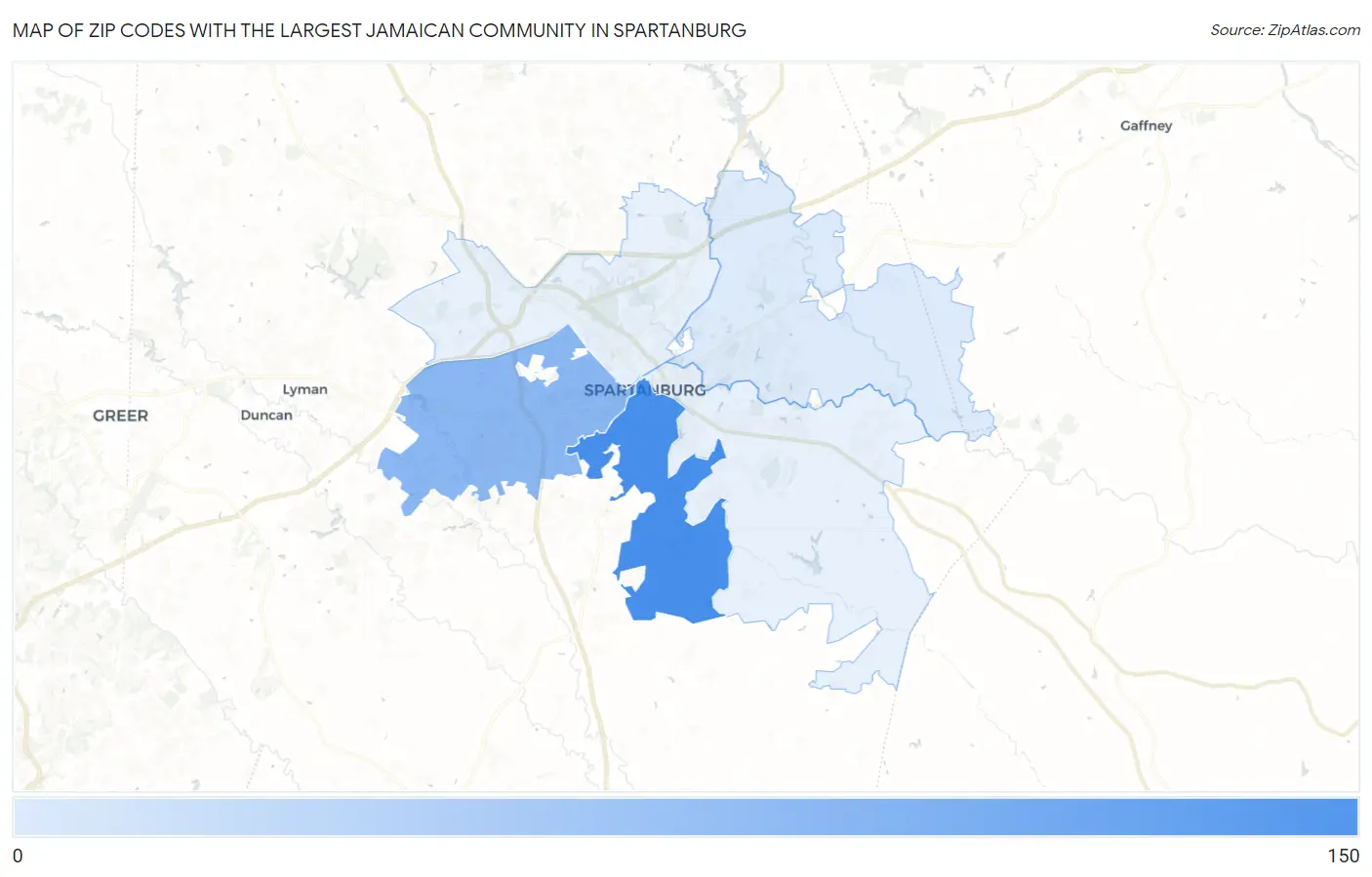 Zip Codes with the Largest Jamaican Community in Spartanburg Map
