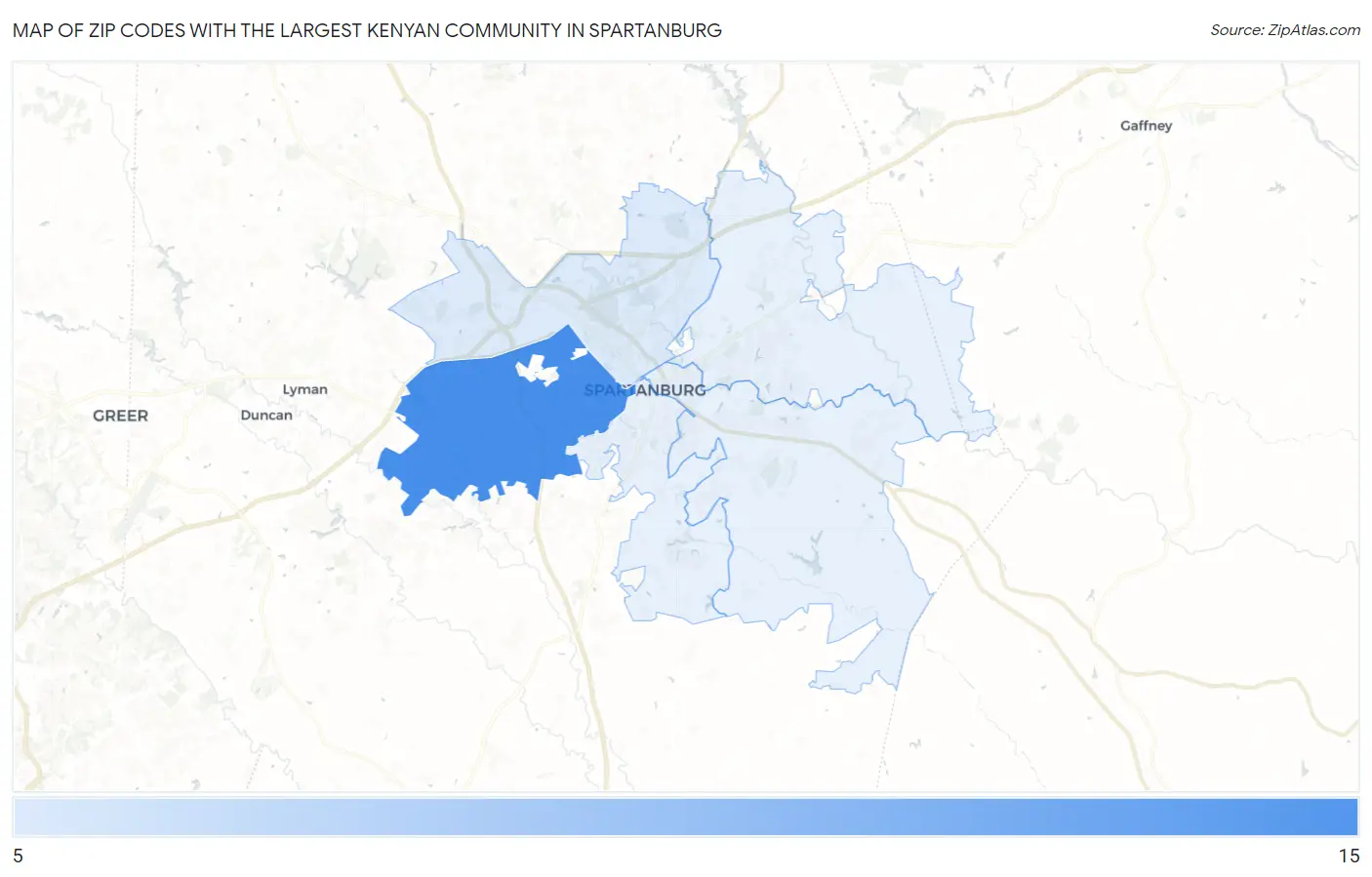 Zip Codes with the Largest Kenyan Community in Spartanburg Map