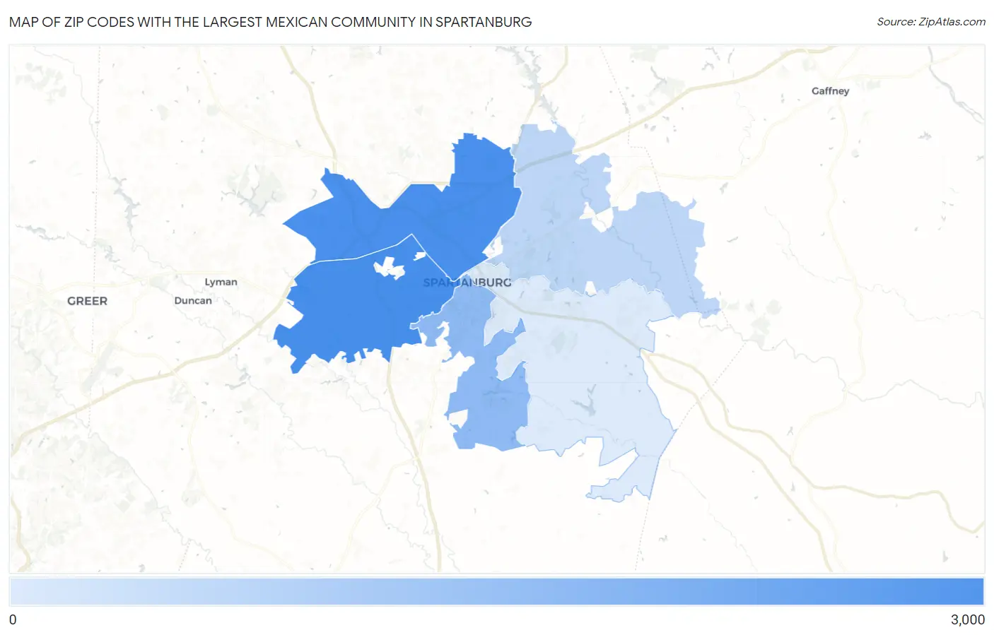 Zip Codes with the Largest Mexican Community in Spartanburg Map