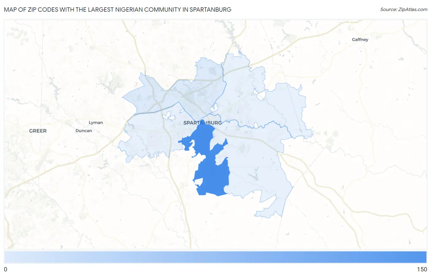 Zip Codes with the Largest Nigerian Community in Spartanburg Map