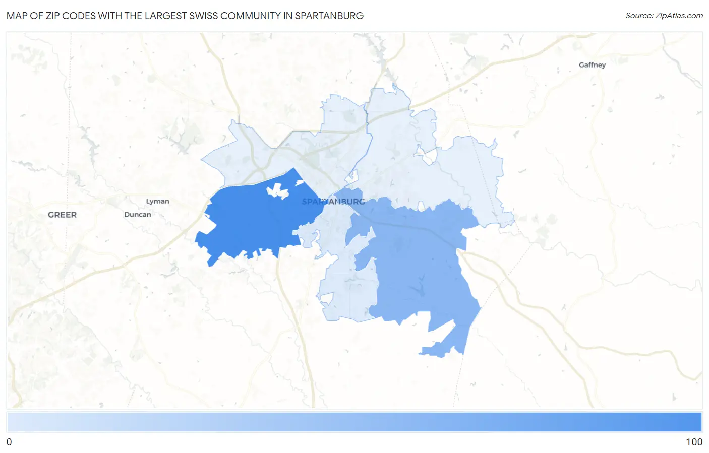 Zip Codes with the Largest Swiss Community in Spartanburg Map
