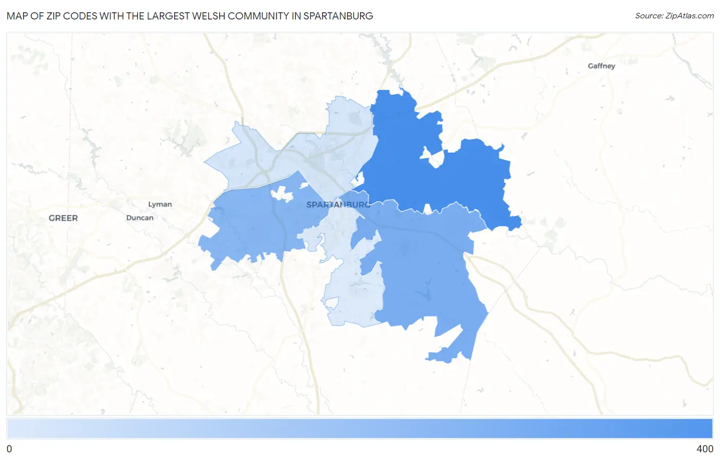 Zip Codes with the Largest Welsh Community in Spartanburg Map