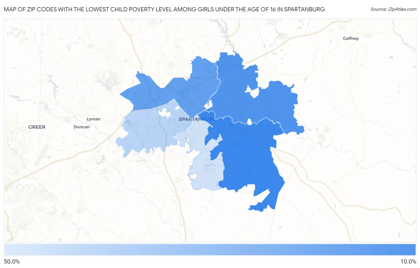Zip Codes with the Lowest Child Poverty Level Among Girls Under the Age of 16 in Spartanburg Map