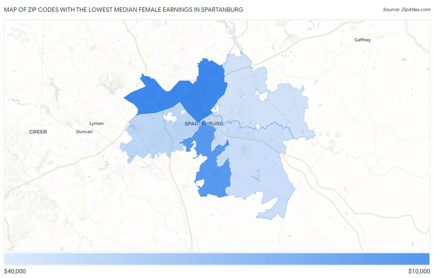 Zip Codes with the Lowest Median Female Earnings in Spartanburg Map