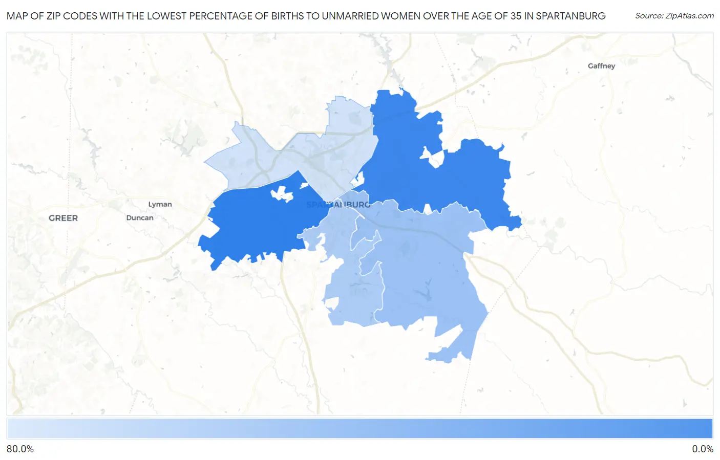 Zip Codes with the Lowest Percentage of Births to Unmarried Women over the Age of 35 in Spartanburg Map
