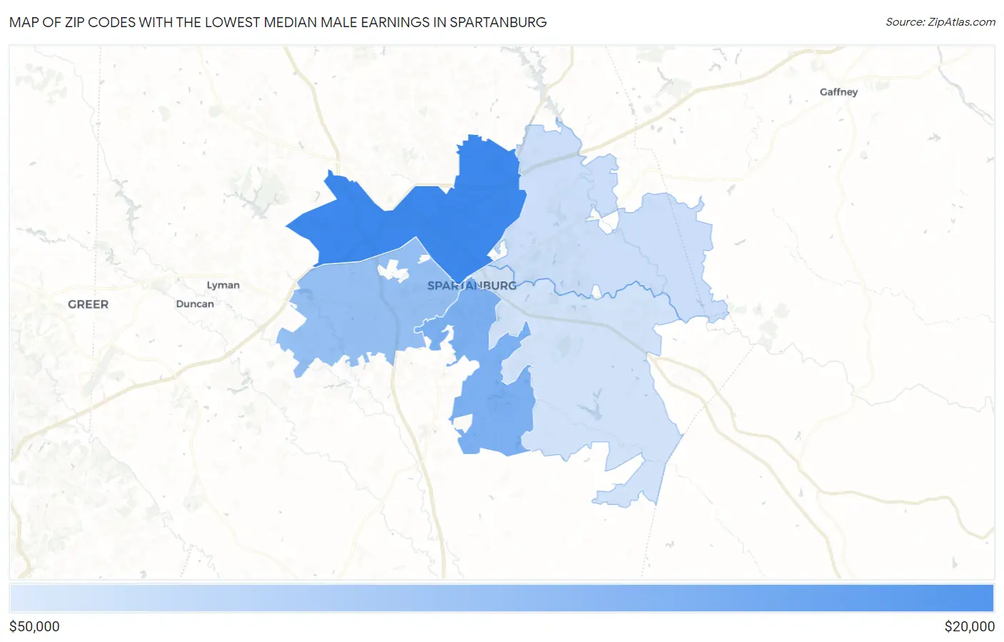 Zip Codes with the Lowest Median Male Earnings in Spartanburg Map