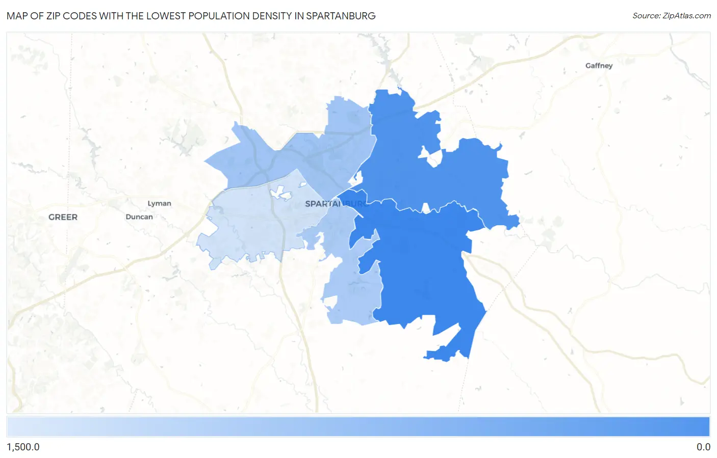 Zip Codes with the Lowest Population Density in Spartanburg Map