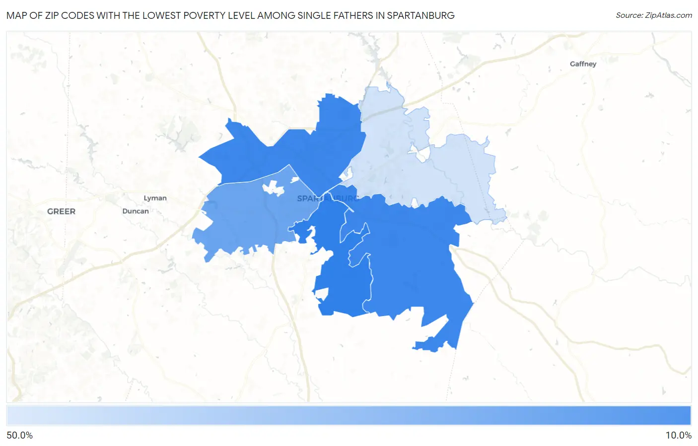 Zip Codes with the Lowest Poverty Level Among Single Fathers in Spartanburg Map