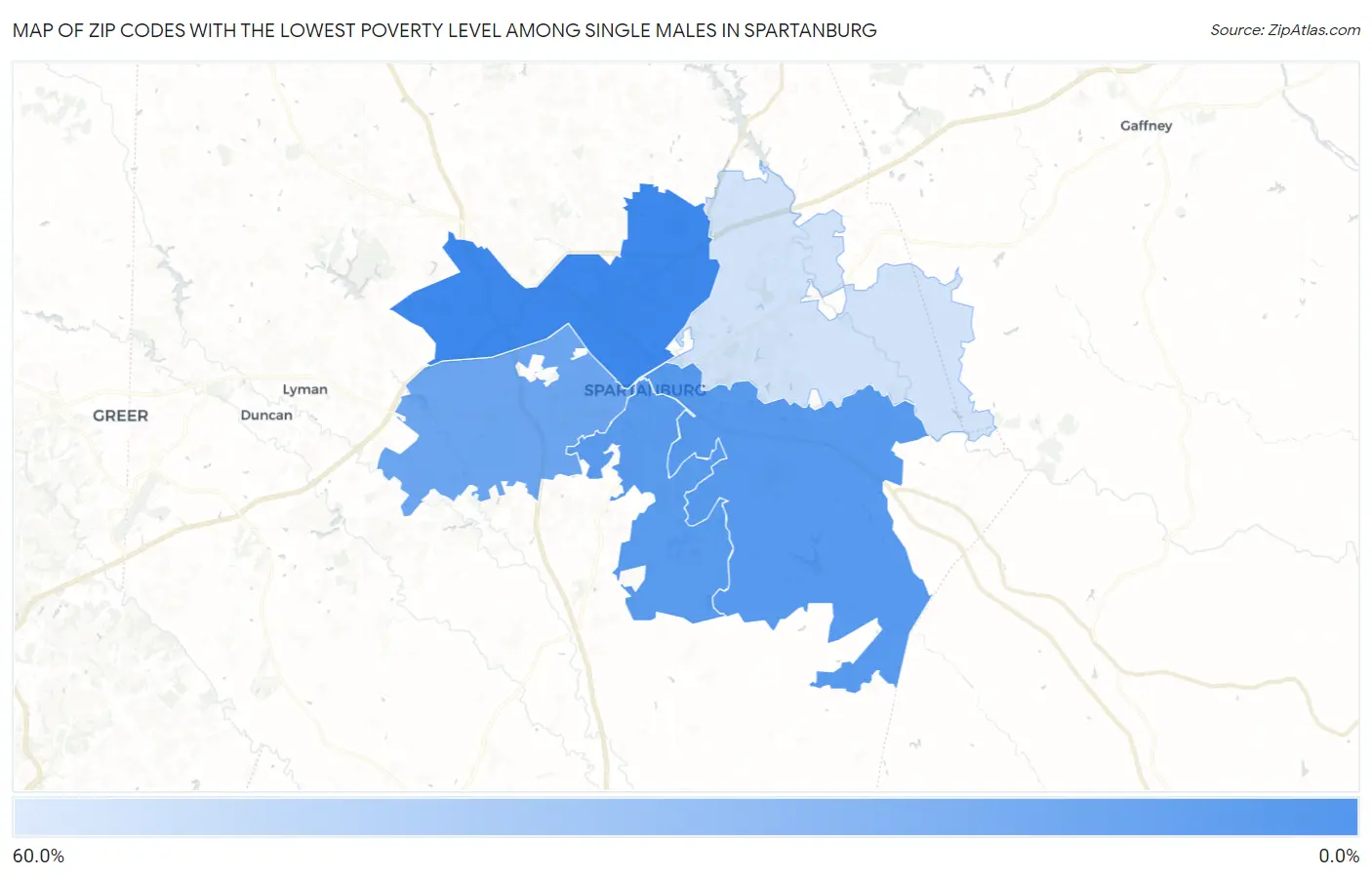Zip Codes with the Lowest Poverty Level Among Single Males in Spartanburg Map