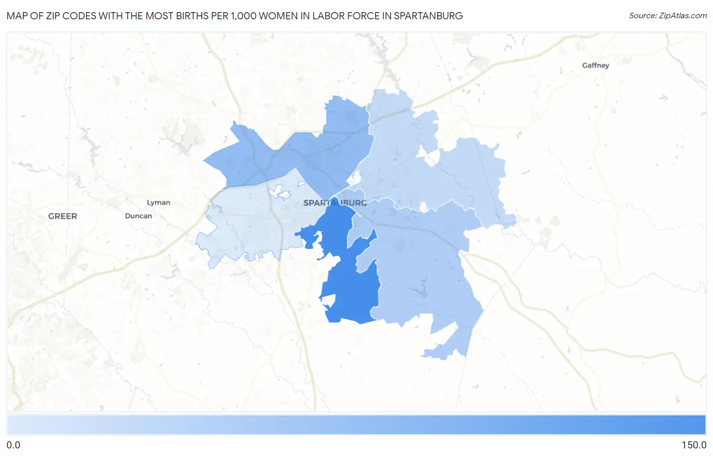 Zip Codes with the Most Births per 1,000 Women in Labor Force in Spartanburg Map