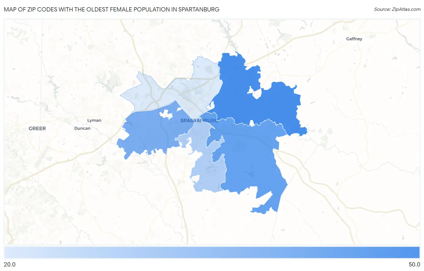 Zip Codes with the Oldest Female Population in Spartanburg Map