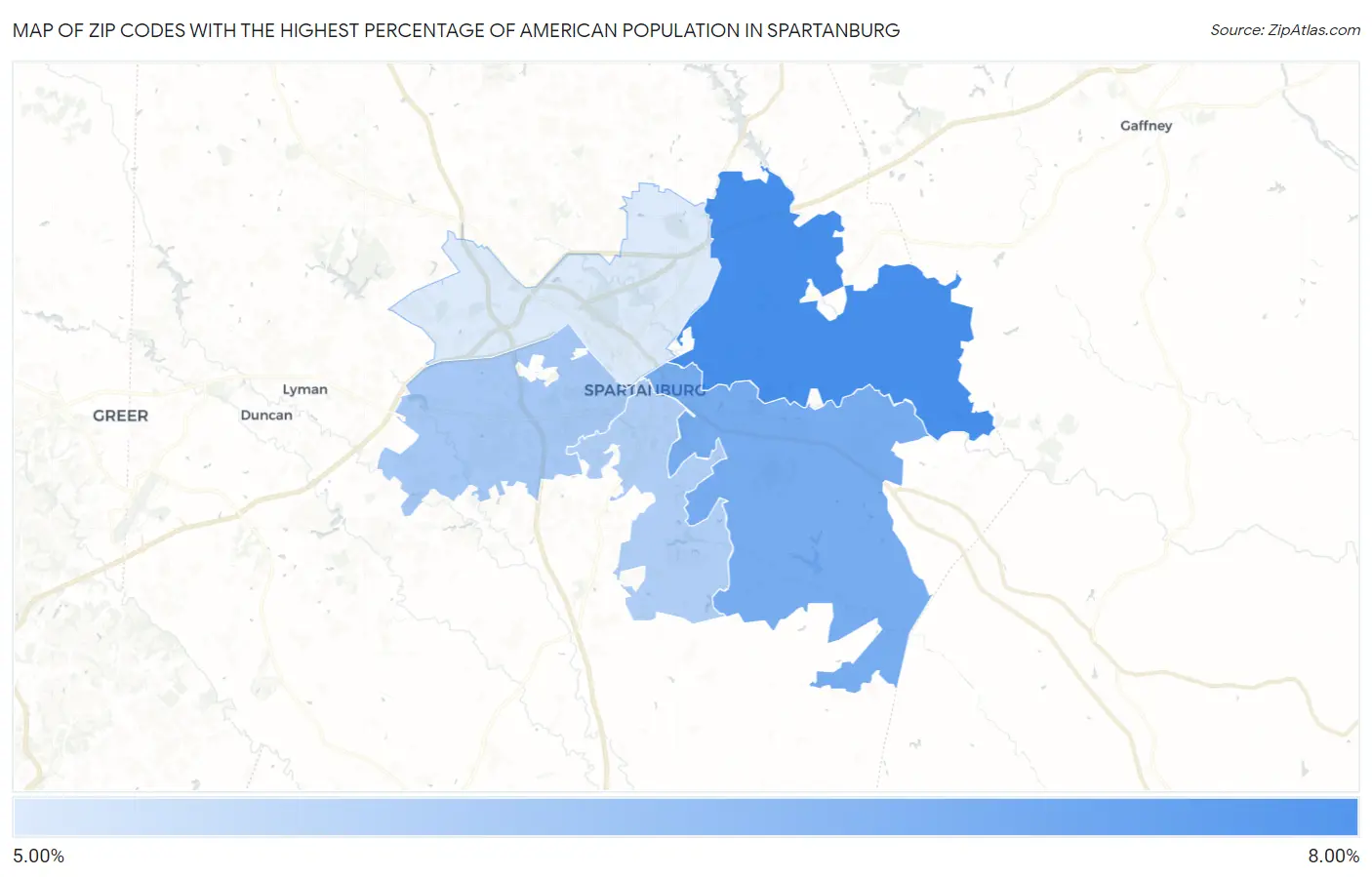 Zip Codes with the Highest Percentage of American Population in Spartanburg Map