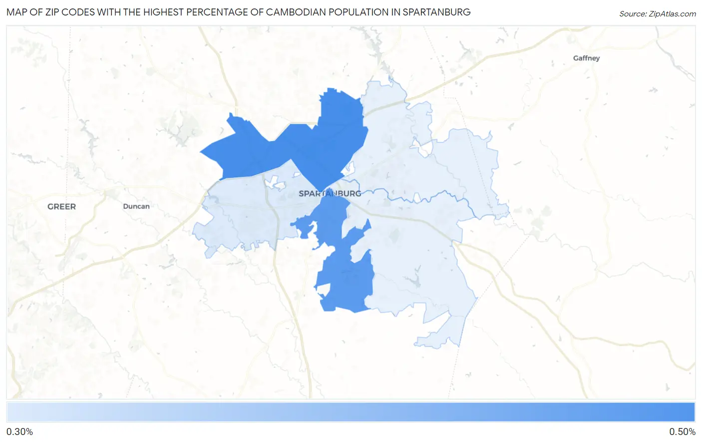 Zip Codes with the Highest Percentage of Cambodian Population in Spartanburg Map
