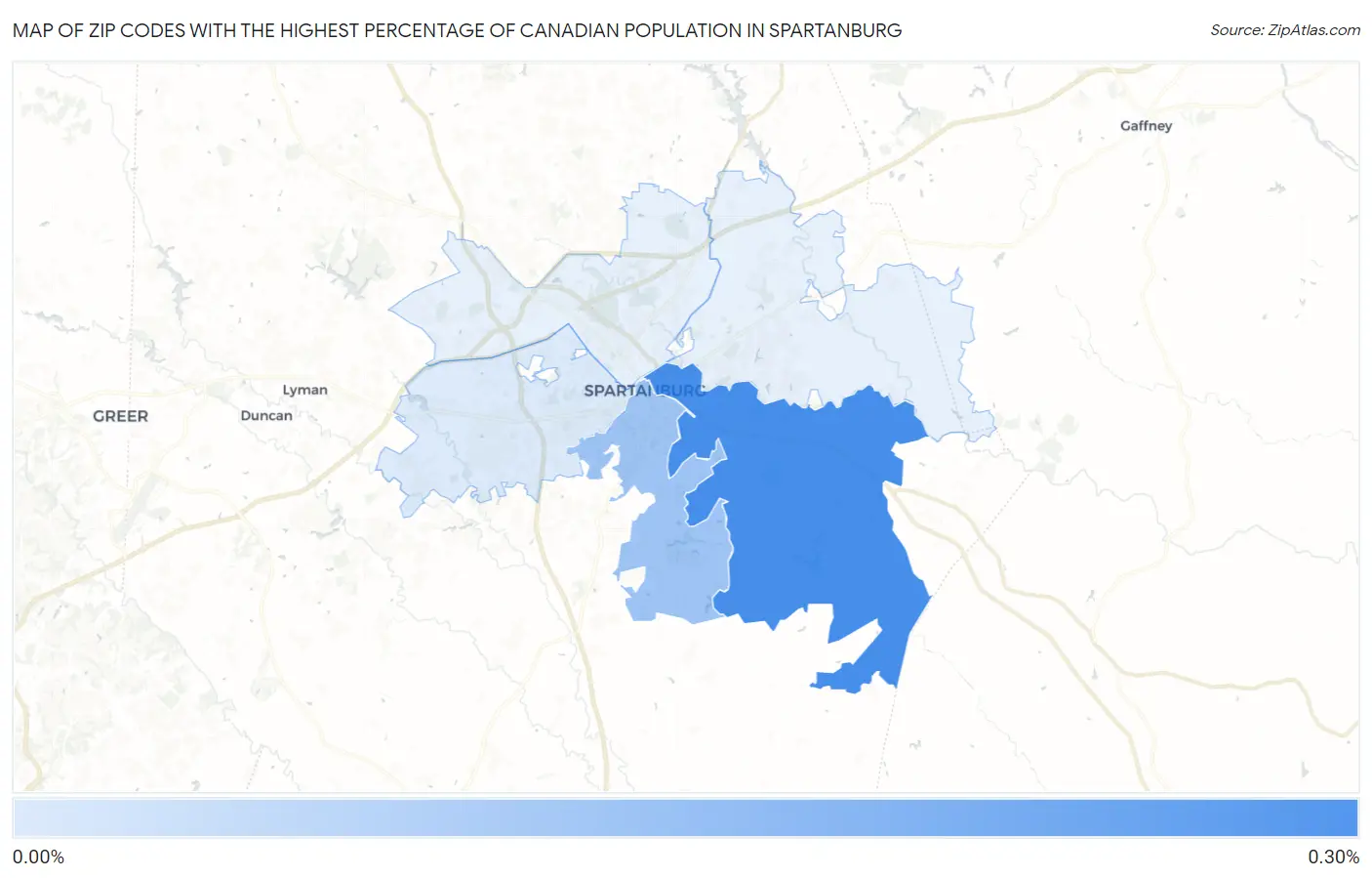 Zip Codes with the Highest Percentage of Canadian Population in Spartanburg Map