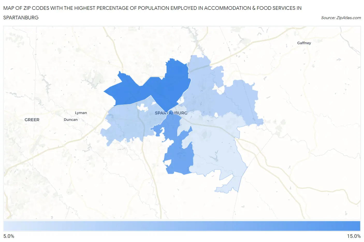 Zip Codes with the Highest Percentage of Population Employed in Accommodation & Food Services in Spartanburg Map