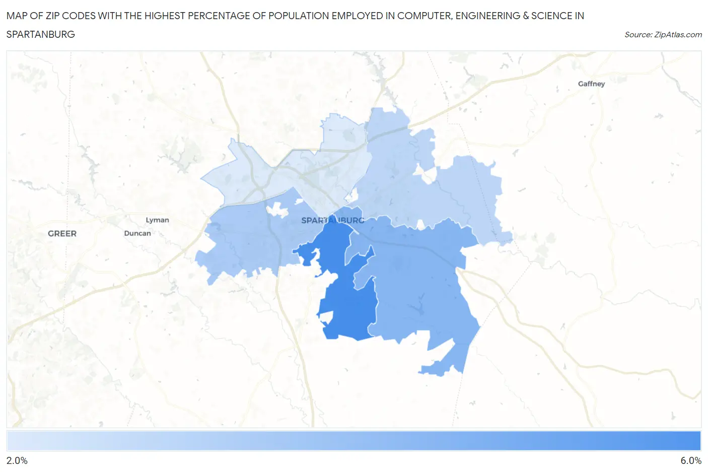 Zip Codes with the Highest Percentage of Population Employed in Computer, Engineering & Science in Spartanburg Map