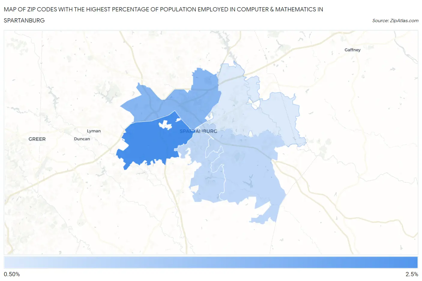 Zip Codes with the Highest Percentage of Population Employed in Computer & Mathematics in Spartanburg Map
