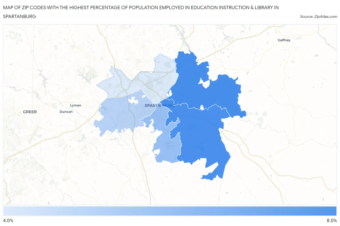 Zip Codes with the Highest Percentage of Population Employed in Education Instruction & Library in Spartanburg Map