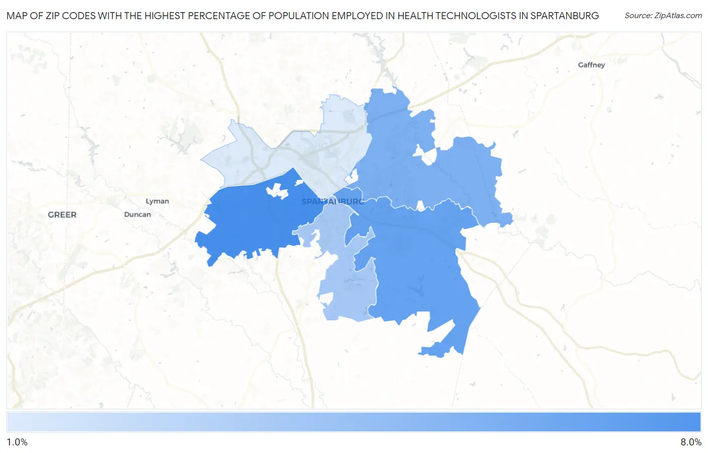Zip Codes with the Highest Percentage of Population Employed in Health Technologists in Spartanburg Map
