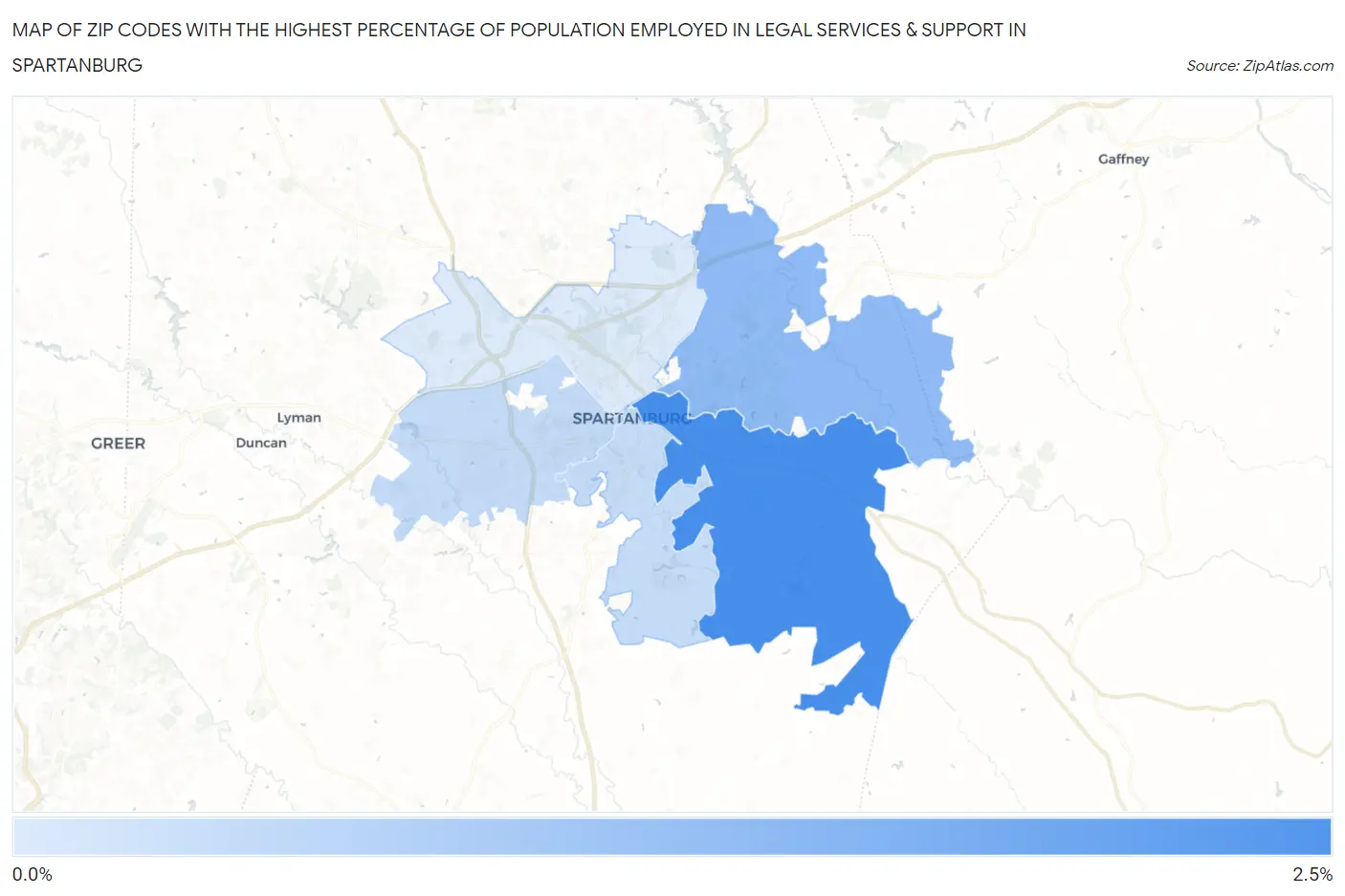 Zip Codes with the Highest Percentage of Population Employed in Legal Services & Support in Spartanburg Map