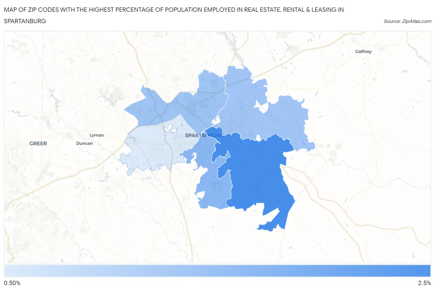 Zip Codes with the Highest Percentage of Population Employed in Real Estate, Rental & Leasing in Spartanburg Map
