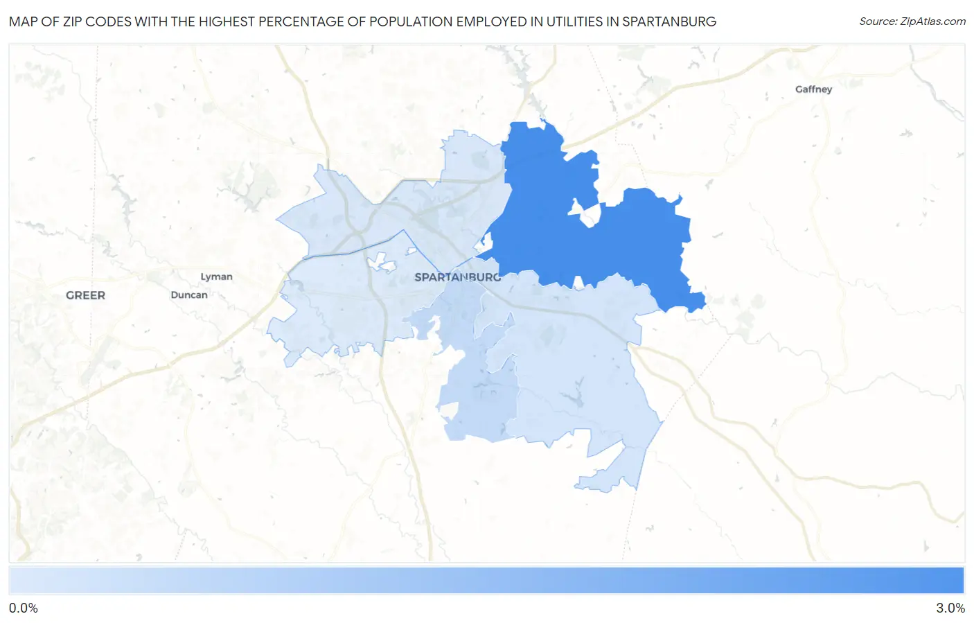 Zip Codes with the Highest Percentage of Population Employed in Utilities in Spartanburg Map