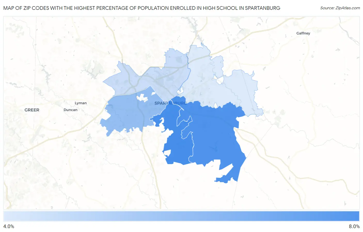 Zip Codes with the Highest Percentage of Population Enrolled in High School in Spartanburg Map