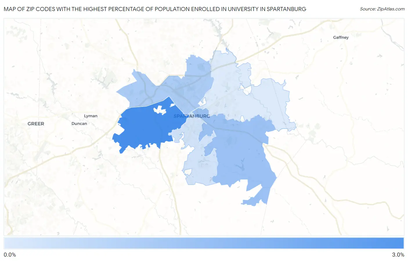 Zip Codes with the Highest Percentage of Population Enrolled in University in Spartanburg Map